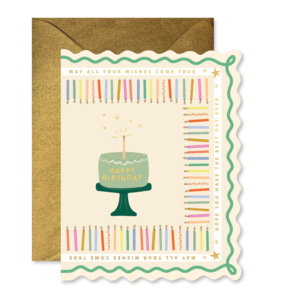 Birthday card with cake and candles design on a white background